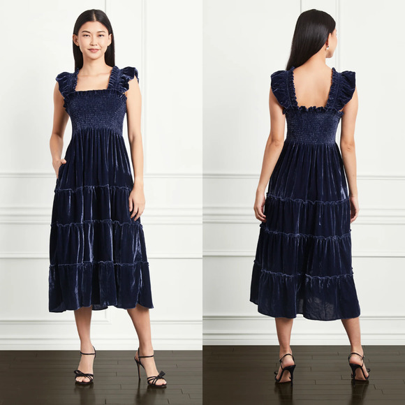 Hill House Dress Women Size XS Navy Blue Ellie Nap Velvet Midi Ruffle Pocket NWT - Picture 3 of 16